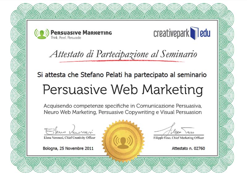 Attestato partecipazione al corso Persuasive Web Marketing